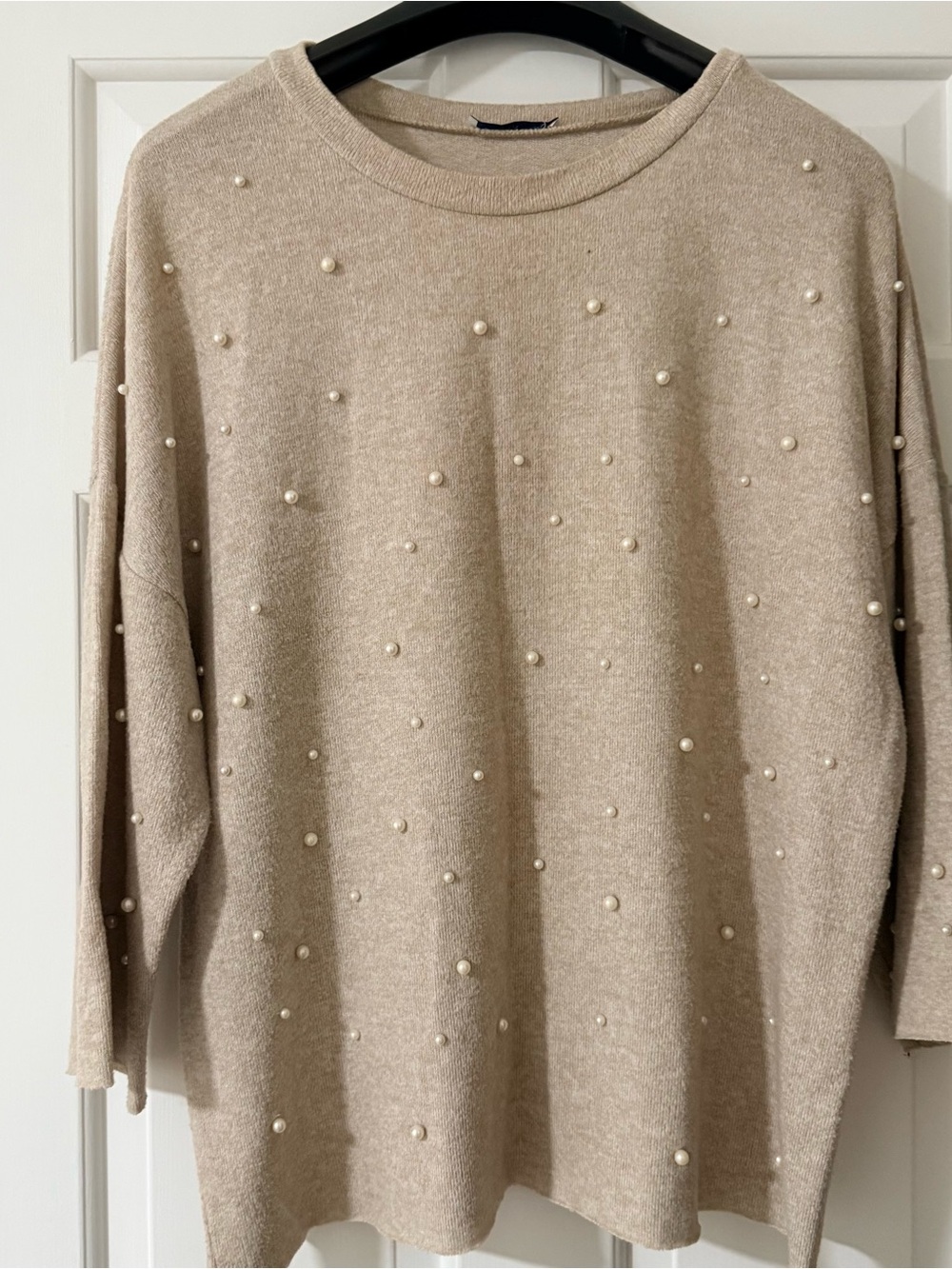 Zara Beige Crewneck Sweater with Pearl Accents